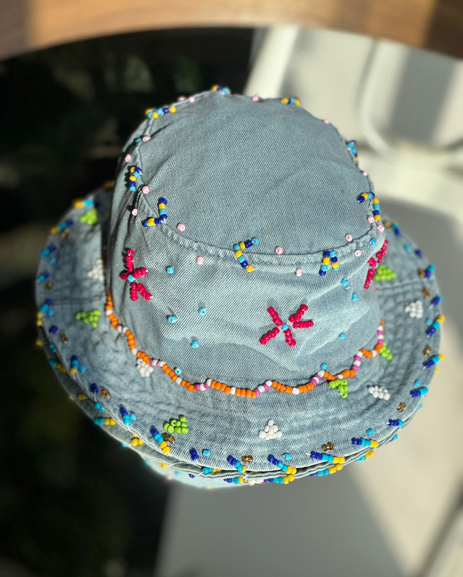 FLOPPY Burlap denim hat, beads Reversible Denim Bucket Hat Making with Modifications main image 4