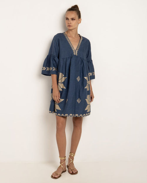 Dress Short Aeolis Bell Sleeve Linen Embroidery-Indigo Gold
