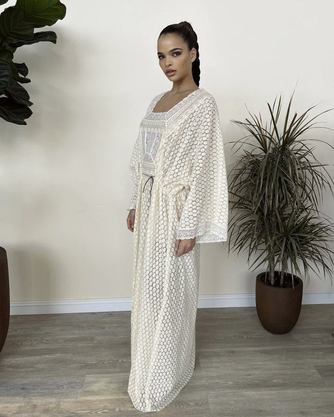 Buttercream Crochet Square Neck Lace Kaftan