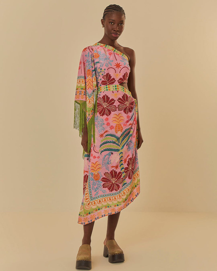 Fruits Queen Scarf Pink One Shoulder Midi Dress