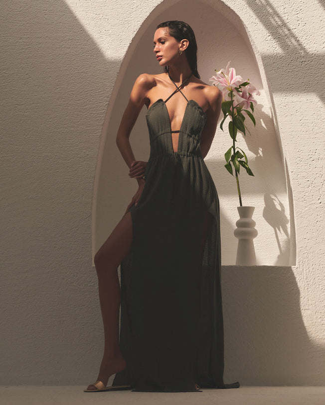 Gaia Antracite Fabric Long Dress