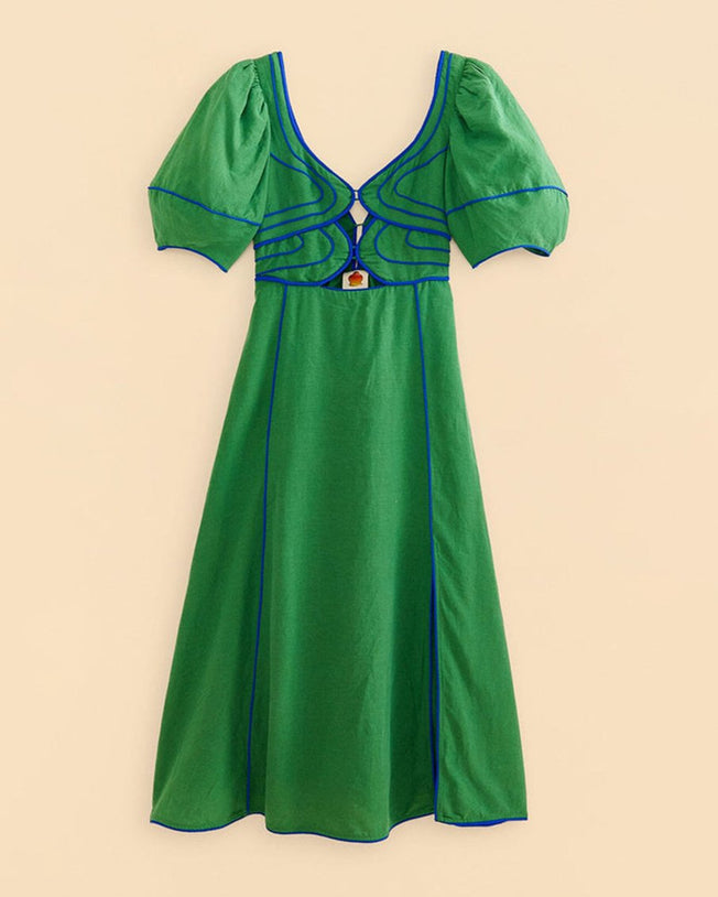 Green topstitched midi dress