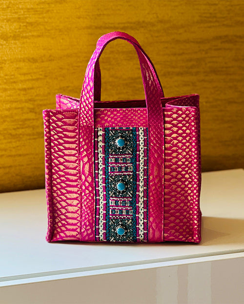 Limited-Edition Mini Snake-Embossed Print Leather Tote Bag With Embroidery Details