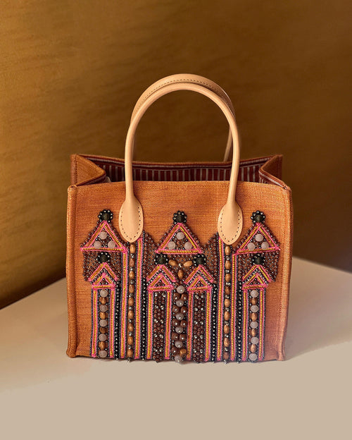 Hand Woven Fabric Embroidery With Glass And Stone Beed Leather Handle Bag