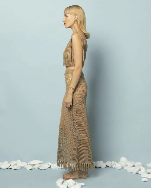 IVY Crochet Golden Top & Skirt with Tassels Set
