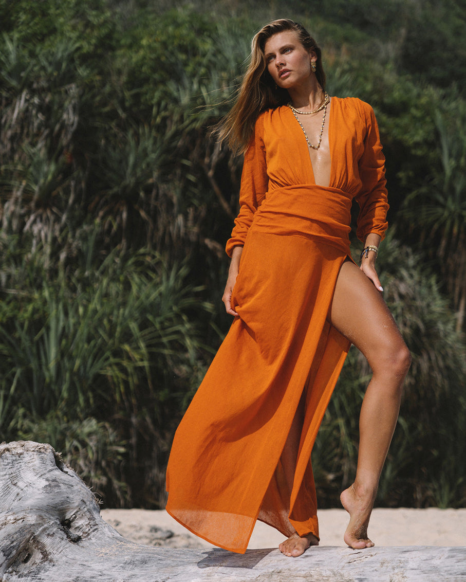 strapless open back dress Linda Burnt Orange Long Dress – shopatsauce.com
