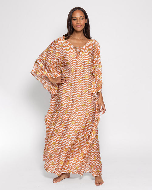 Loulou Caftan Arizona Print Off White and Brown with Sun Glitters Long Dress