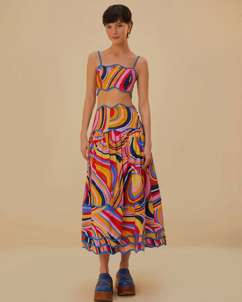 Multicolor Waves Crop Top and Midi Skirt Set