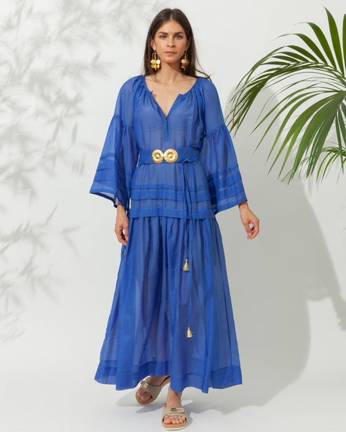 Mykonos Greek Blue Long Dress with Golden Buckles & Tassels