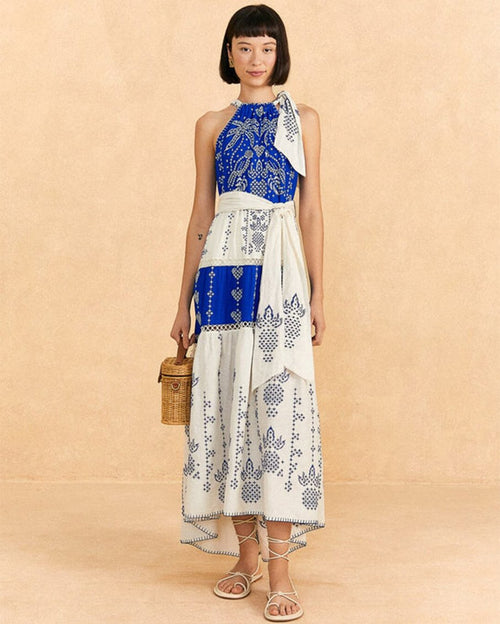 Embroidered jungle scarf nave blue maxi dress
