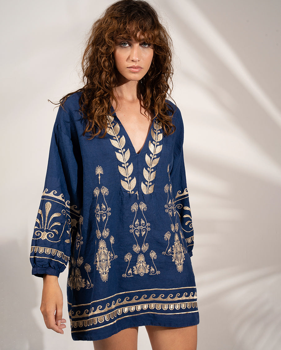 Navy Blue + Gold Embroidery Linen Short Dress Navy Blue + Gold Embroidery Linen Short Dress