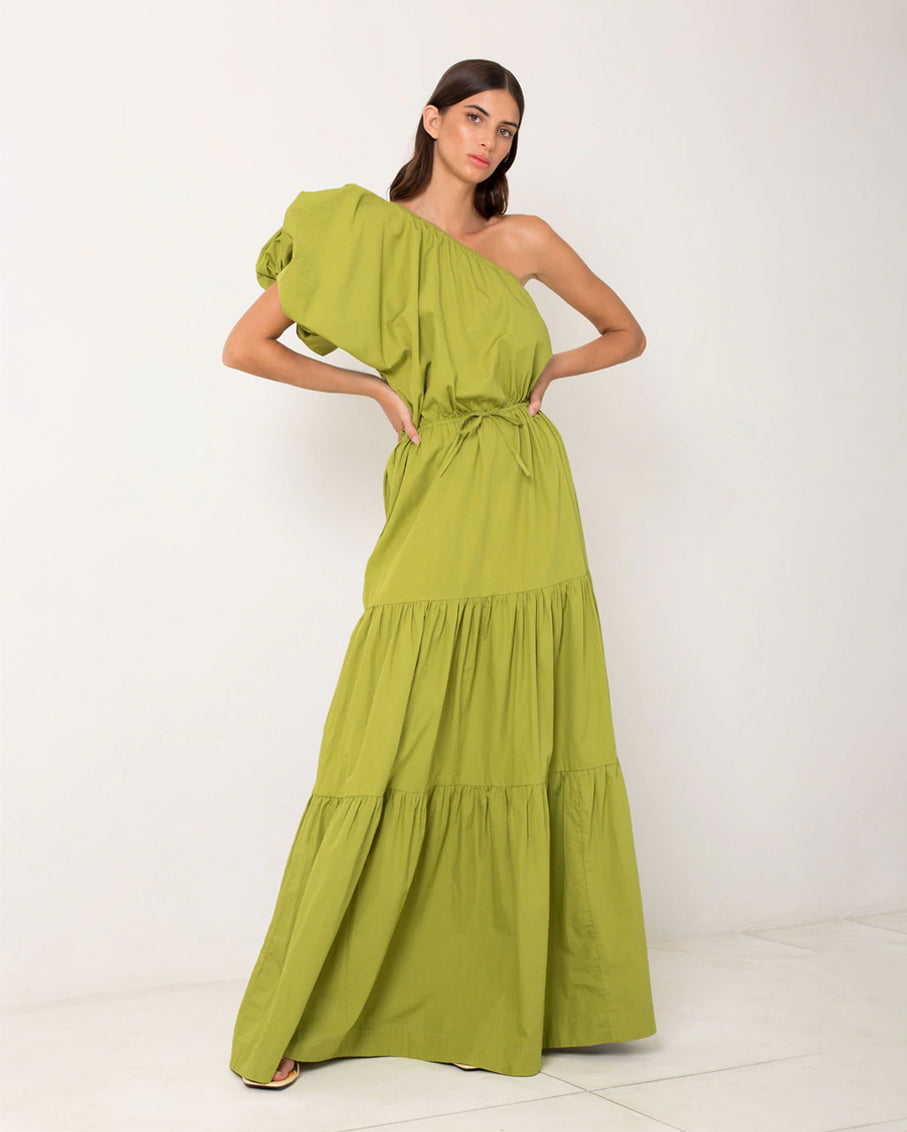 one shoulder puff sleeve maxi dress One-Shoulder Puff Sleeve Maxi Bias Dress with Side Slit by Social 8216
