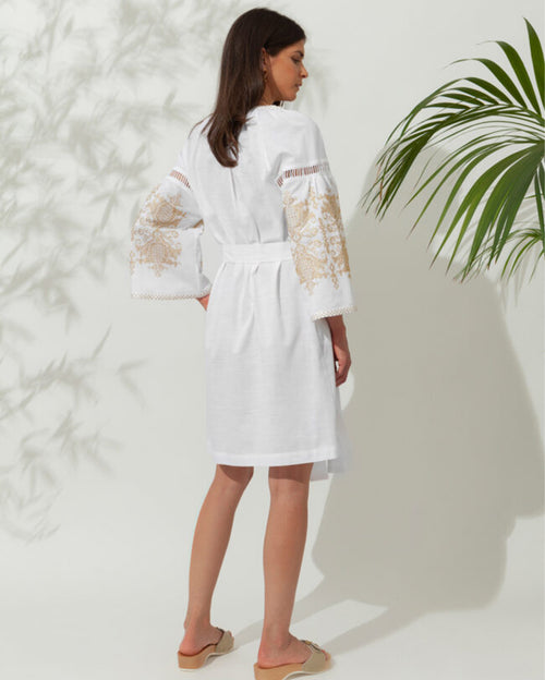 Penelope White with Gold Embroidered Mini Kaftan