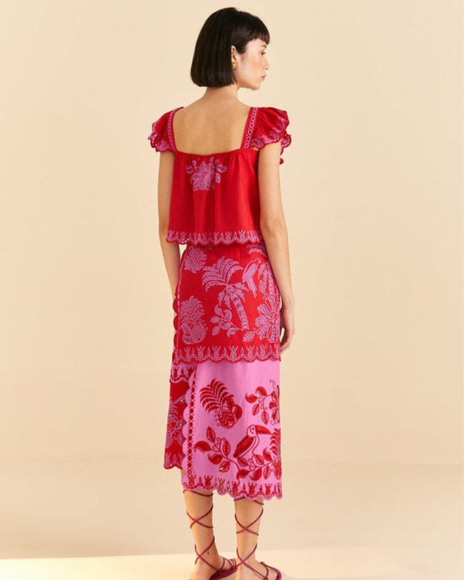 Palm tree richi lieu blouse with midi skirt set