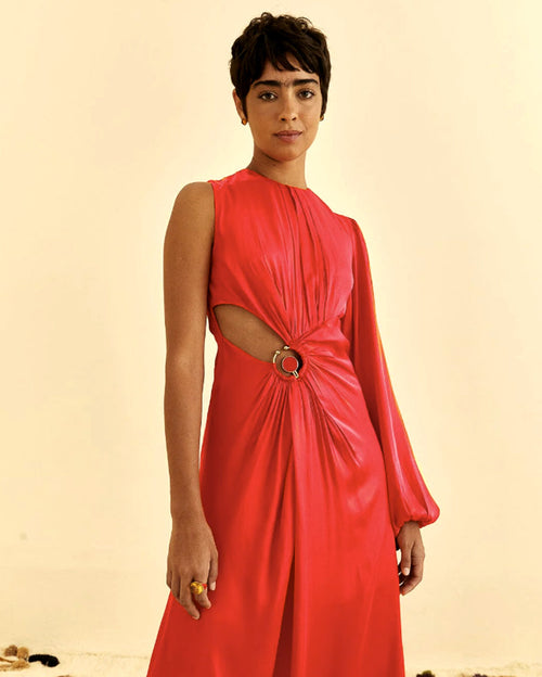 Red one shoulder maxi dress