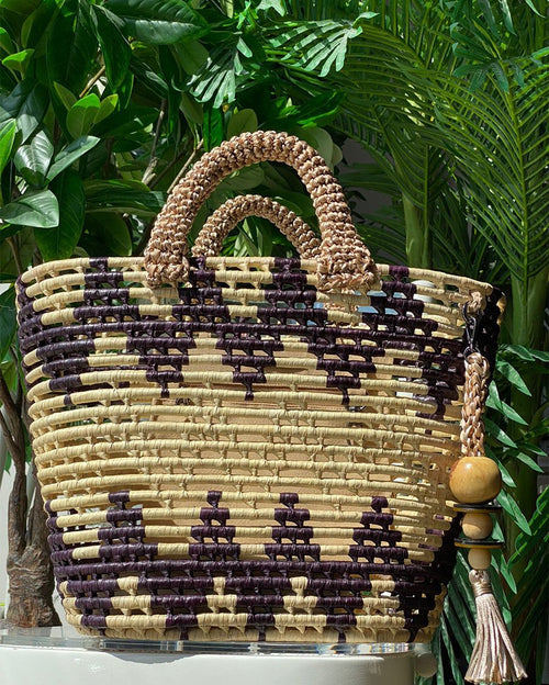 Zig zag maxi straw bag with braided slik handle details preto