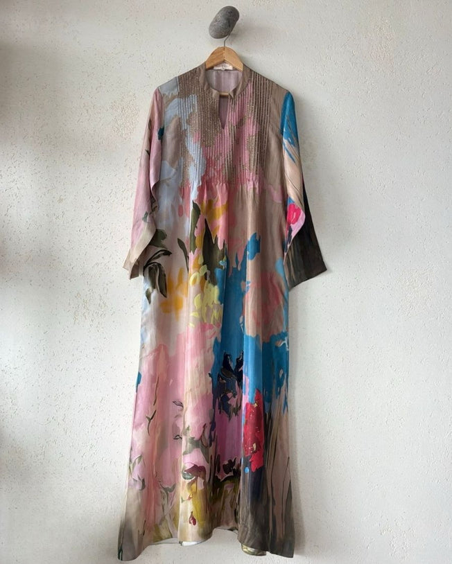 Beige HT Silk Mandrin Collar with V-Slit with Cutdana Emb and Pintucks Jalabiya Leafy Strokes