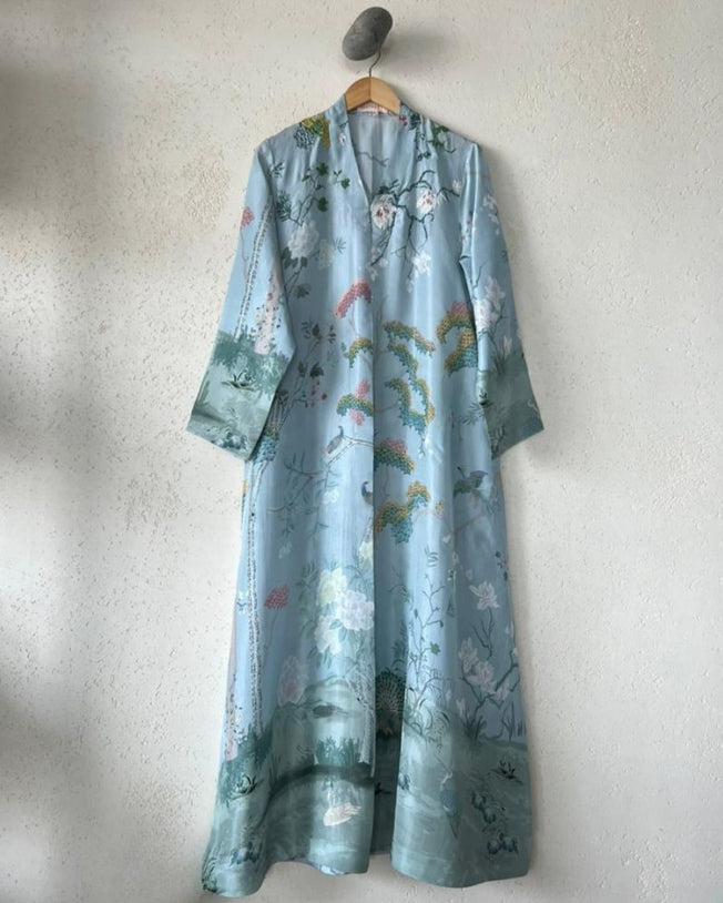 Blue HT Silk V-Neck with Cutdana Hand-Emb Highlight on the Print Midbox Pleat Monsoon Vibes