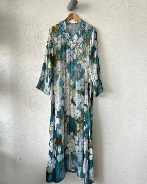 Blue Velvet V-Neck with Sequin & Pearl Work Hand-Emb Highlight on the Print Lilies