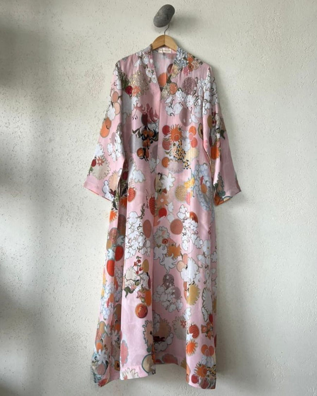 Blush Pink HT Silk V-Neck with Sequin & Bead Work Hand-Emb Highlight on the Print Midbox Pleat Wide Sleeves Fruit Yogurt