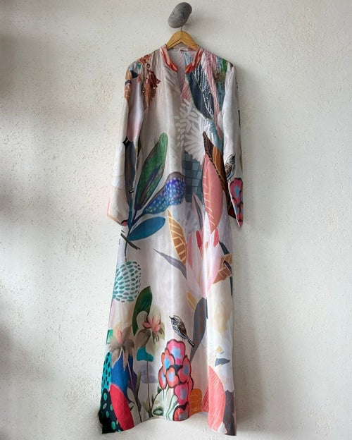 Multicolor HT Silk Mandrin Collar with V-Slit with Bead & Sequins Emb and Pintucks Jalabiya Aviary