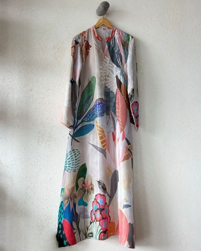 Multicolor HT Silk Mandrin Collar with V-Slit with Bead & Sequins Emb and Pintucks Jalabiya Aviary