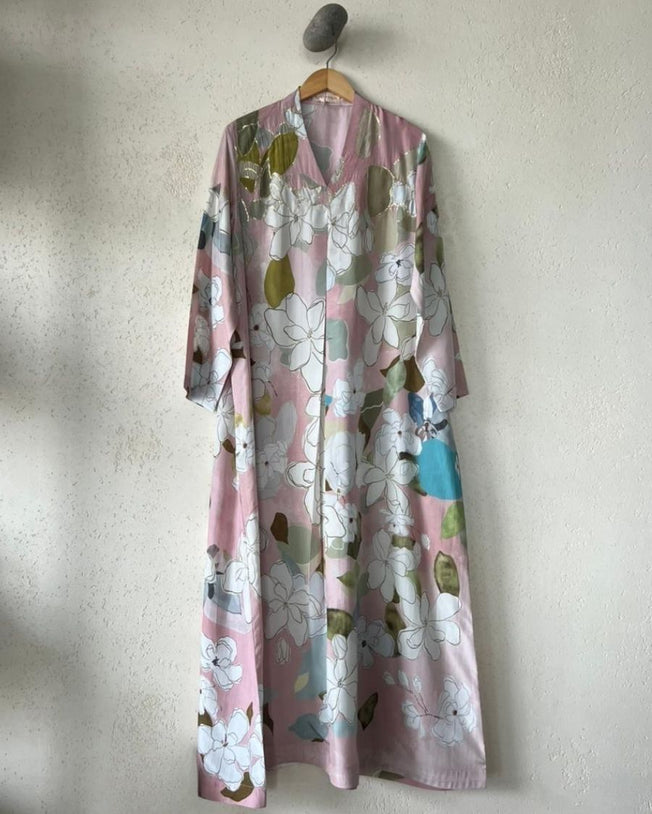 Pink HT Silk V-Neck with Sequin Hand-Emb Highlight Along the Print Midbox Pleat Wide Sleeves Lilies