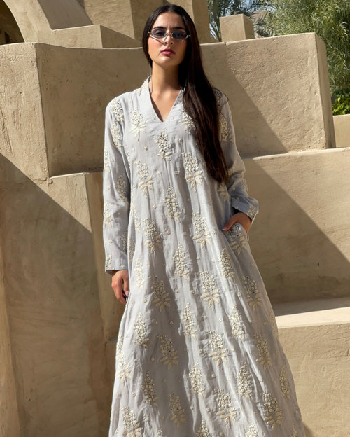 Blue CH V-Neck with Sequin Cutdana & Bead Work Hand Emb highlight on Flower Motif Big Flower Buttas Threadwork Jalabiya