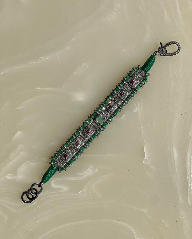 14K Victorian Bracelet - Wt. (Gross-25.740gms; Silver-23.550gms; Other-1.040gms) Dia. Single Cut LB 4.330ct with 850 Dia. Pcs (Stones: Emerald 1.110cts with 1 pcs; Ruby 0.320cts with 6pcs) - Green