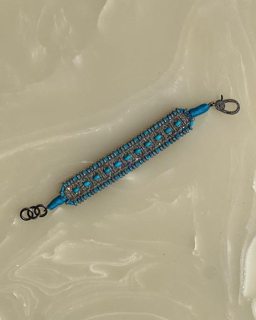 14K Victorian Bracelet - Wt. (Gross-35.100gms; Silver-32.480gms; Other-1.180gms) Dia. Single Cut LB 4.780ct with 976 Dia. Pcs (Turquoise Stone 2.420cts with 11 pcs) - Blue