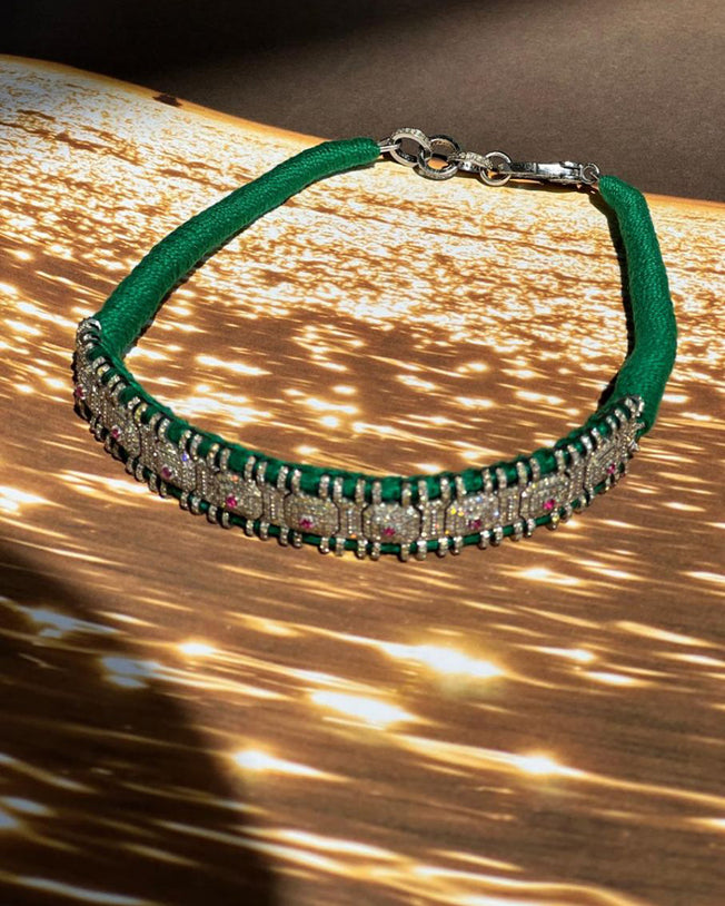 14K Victorian Necklace - Wt. (Gross-37.502gms; Silver-28.232gms; Other-8.170gms) Dia. Single Cut LB 5.400cts with 1062 Dia. Pcs (Stones: Ruby Round 0.090cts with 8pcs & Ruby 0.010cts with 1pcs) - Green