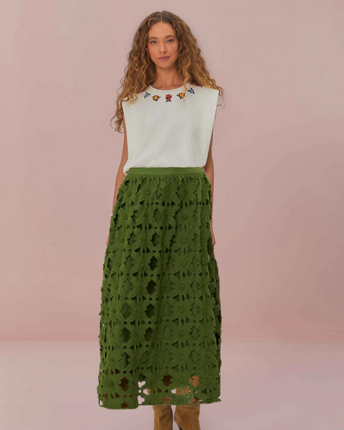 Beaded Flowers White T-Shirt and Green Richilieu Midi Skirt Set