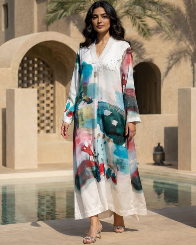 White HT Silk V-Neck with Mid Box Pleat, Sequins & Pearl Hand Emb Jalabiya Manuscript Digi-Print