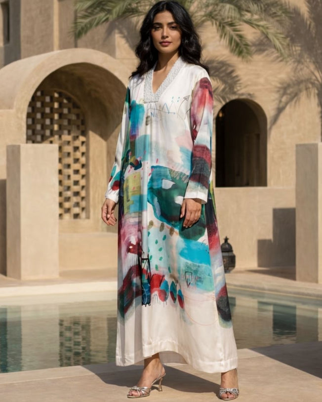 White HT Silk V-Neck with Mid Box Pleat, Sequins & Pearl Hand Emb Jalabiya Manuscript Digi-Print