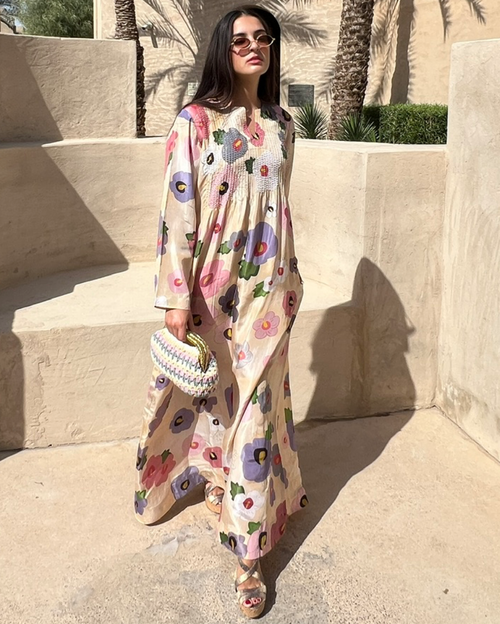 Cream HT Silk Round Neck with V-Slit Opening Pin Tucks on Front Sequin & Bead Work Hand Emb Highlight on the Print Rose Eclipse Digi-Print Jalabiya Kaftan