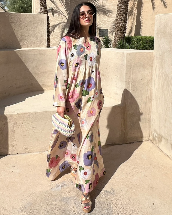 Cream HT Silk Round Neck with V-Slit Opening Pin Tucks on Front Sequin & Bead Work Hand Emb Highlight on the Print Rose Eclipse Digi-Print Jalabiya Kaftan