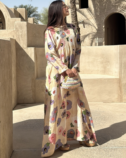 Cream HT Silk Round Neck with V-Slit Opening Pin Tucks on Front Sequin & Bead Work Hand Emb Highlight on the Print Rose Eclipse Digi-Print Jalabiya Kaftan