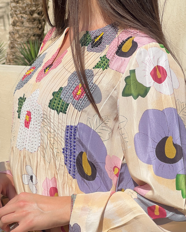 Cream HT Silk Round Neck with V-Slit Opening Pin Tucks on Front Sequin & Bead Work Hand Emb Highlight on the Print Rose Eclipse Digi-Print Jalabiya Kaftan