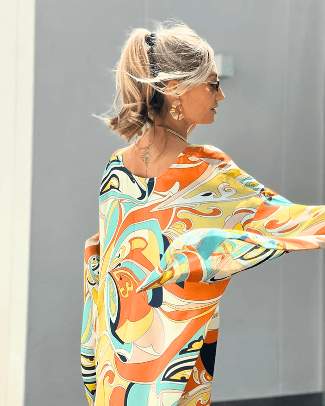 Silk Satin Peach & Yellow Multi Print Kimono Sleeve Kaftan