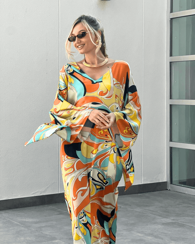 Silk Satin Peach & Yellow Multi Print Kimono Sleeve Kaftan