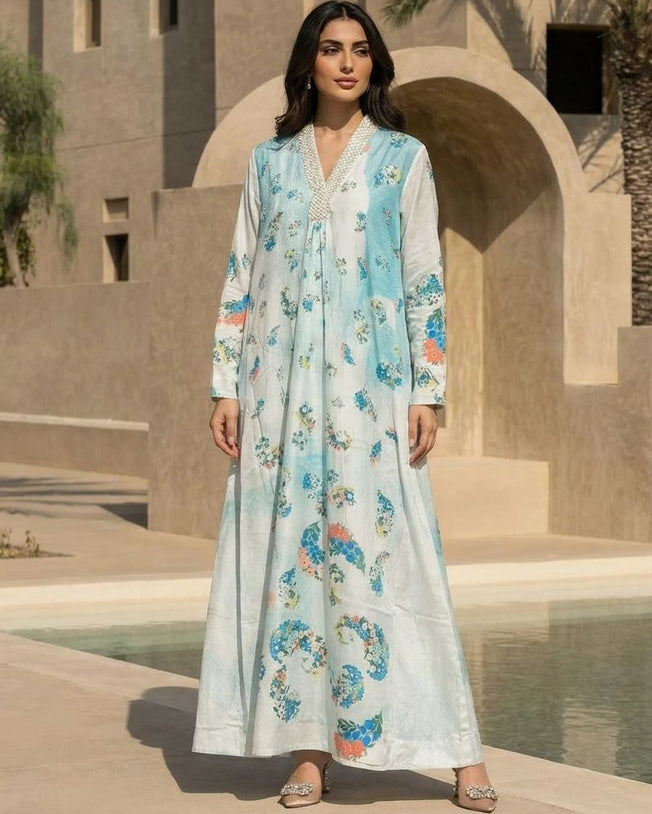 Blue & White HT Silk V-Neck with Mid Pleats, Pleats on Sleeve Cuffs, Sequin and Threadwork Jalabiya Paisley Digi-Print