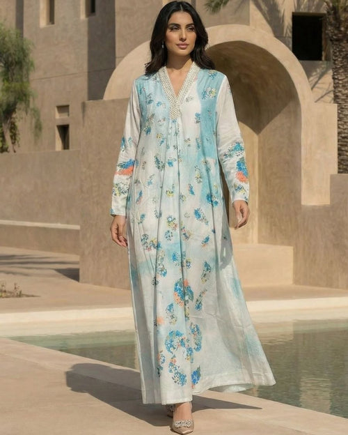 Blue & White HT Silk V-Neck with Mid Pleats, Pleats on Sleeve Cuffs, Sequin and Threadwork Jalabiya Paisley Digi-Print