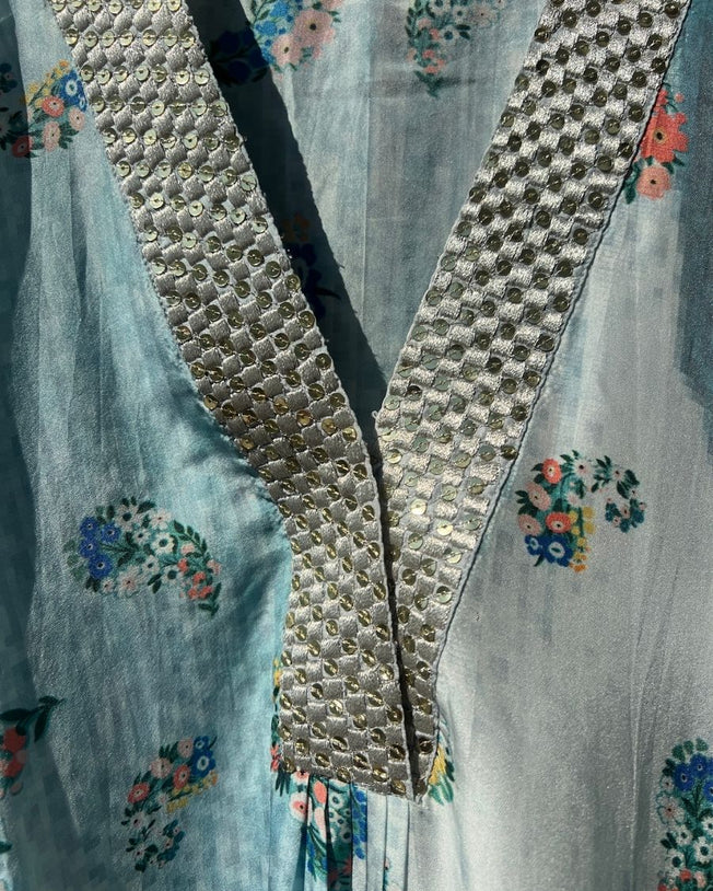 Blue & White HT Silk V-Neck with Mid Pleats, Pleats on Sleeve Cuffs, Sequin and Threadwork Jalabiya Paisley Digi-Print