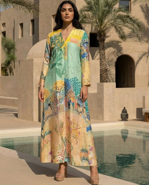 Multicolor HT Silk V-Neck with Cutdana Emb and Midbox Pleat Camilla Digi-Print