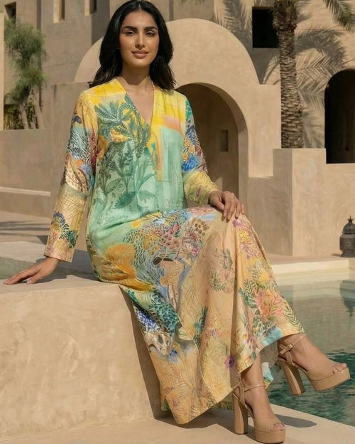 Multicolor HT Silk V-Neck with Cutdana Emb and Midbox Pleat Camilla Digi-Print