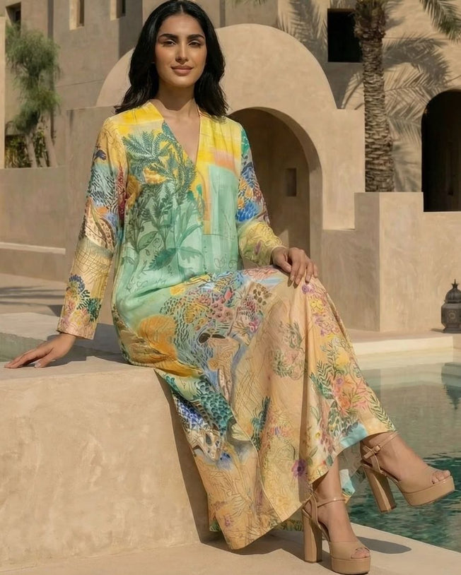 Multicolor HT Silk V-Neck with Cutdana Emb and Midbox Pleat Camilla Digi-Print