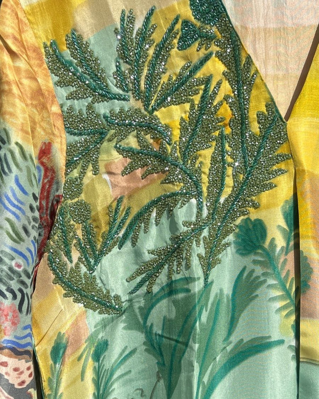 Multicolor HT Silk V-Neck with Cutdana Emb and Midbox Pleat Camilla Digi-Print