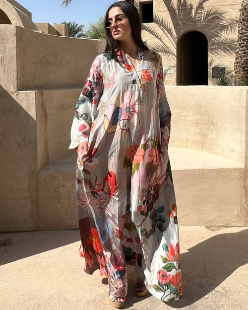 Multicolor HT Silk V-Neck with Cutdana Hand Emb Highlight on & Around the Neckline Wide Sleeved Wildberry Digi-Print Jalabiya Kaftan