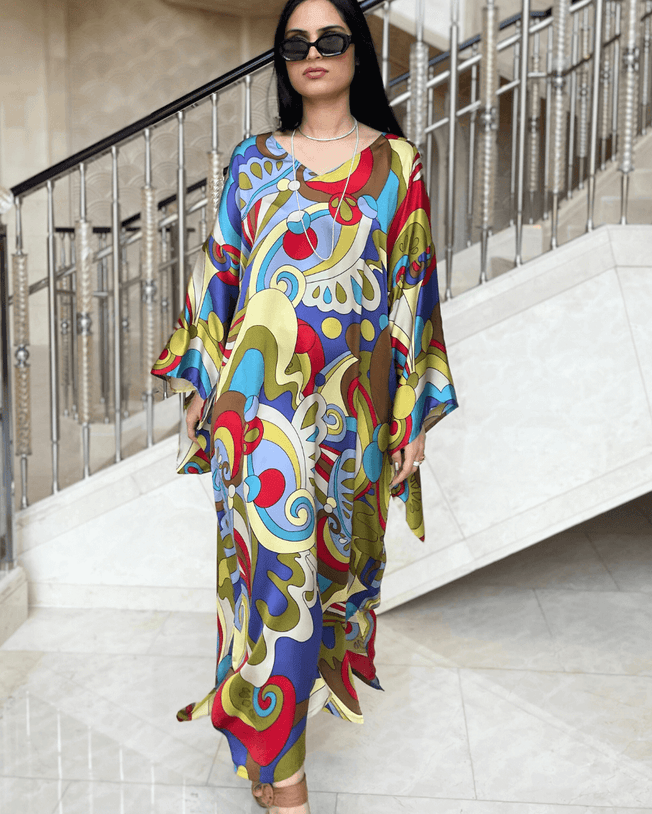 Auberegin, Red & Beige Kimono Sleeve Kaftan