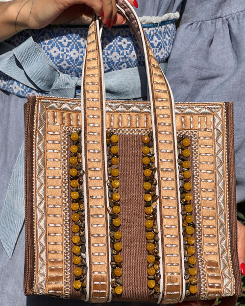 Limited-Edition Mini Tote Bag with Hand Beaded Tiger Eye Stones